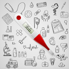 electronic thermometer and hand draw medicine icon