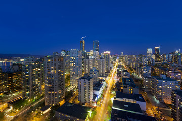 Fototapeta na wymiar Vancouver BC Cityscape Along Robson Street Blue Hour Evening