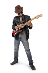 Rock guitarist practicing tapping technique, isolated on white