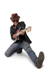 Dramatic pose of rock guitarist, isolated on white