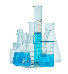 Test-tubes, flasks with blue liquid isolated on white