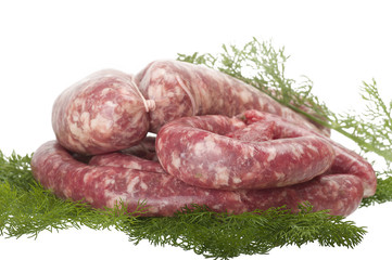 fresh raw meat sausages on white background