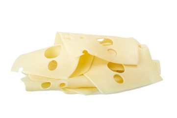 Swiss cheese slices close up on the white