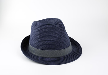 Blue hat with a ribbon on a white background.