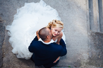 Bride and Groom at wedding Day walking Outdoors on spring nature