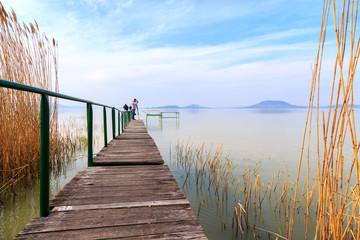 Wooden pier in tranquil lake Balaton