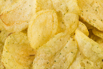 Prepared potato chips snack closeup view
