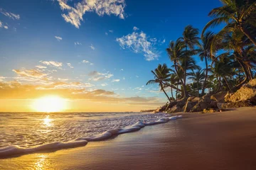 Badezimmer Foto Rückwand Insel Landschaft des tropischen Inselstrandes des Paradieses, Sonnenaufgangschuß