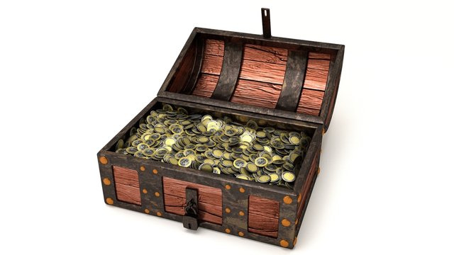 Schatztruhe, geöffnet, mit Euromünzen