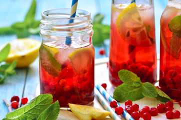 Cold redcurrant tea with lemon and mint. © lilechka75