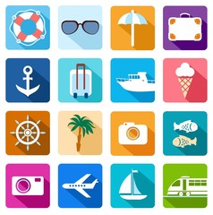 Icons vacation, tourism, sea, relaxation, colored flat. 