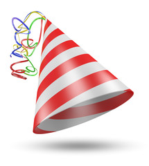 Cone shaped birthday party hat with stripes and ribbons