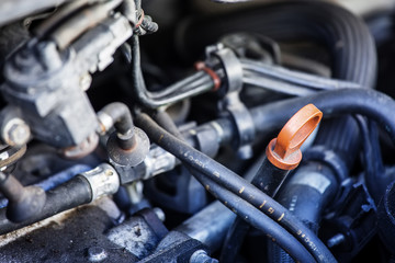 Fototapeta na wymiar Automobile Maintenance. Engine Dipstick to Check the Oil Level
