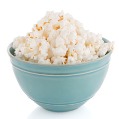 Popcorn in a blue bowl