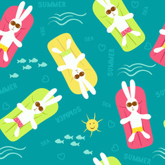 Seamless pattern with cartoon sunbathers hares