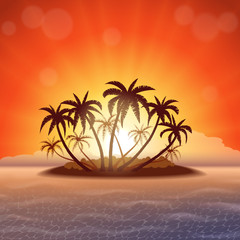 Tropical island with palm trees at sunset, vector illustration