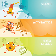 Education Characters Banner, Science, Math, Social