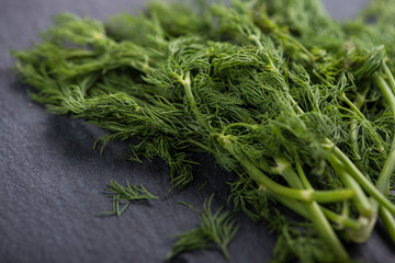 Spring garden fresh dill on black slate  background