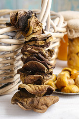 Dried mushrooms on wooden background