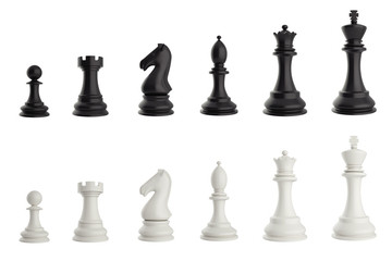 Set of black and white chess pieces. 3d illustration - obrazy, fototapety, plakaty