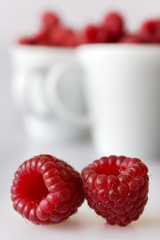 red raspberry in white cups on white background