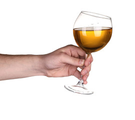 Hand wine splash in glass isolated on white