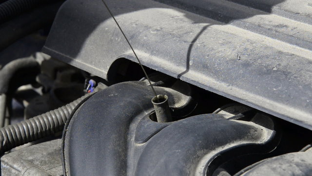 Woman checking oil level in car.