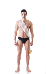 Handsome guy wearing winning ribbon or sash