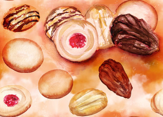 Watercolour tea cookies seamless background pattern, toned