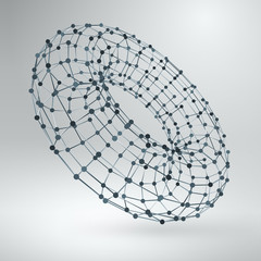 Wireframe polygonal element. 3D Torus with lines and dots