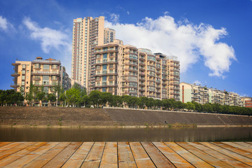 Obraz na płótnie Canvas city building with river at mianyang,china