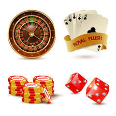 Casino elements set with cards, dice, chips and roulette. 
