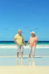 elderly couple walking along the seashore