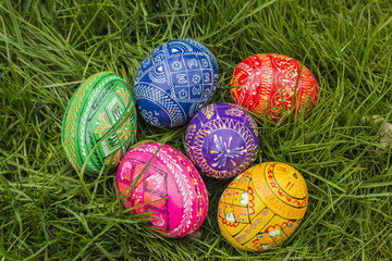 Fototapeta na wymiar Six Easter Eggs in grass