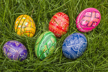 Fototapeta na wymiar Six Colored Easter Eggs in Grass