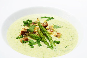 Asparagus soup with bread and cheese
