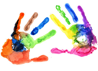 Close up of colored hand print on white
