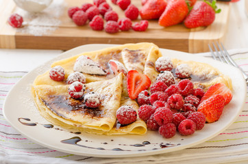 Pancakes with homemade balsamic reduction and fresh fruit