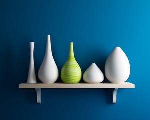 vase on shelf with blue wall interior