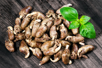 Fresh cooked chicken hearts seasoned with pepper and salt ready