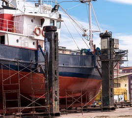 Fishing boat in a shipyard for maintenance