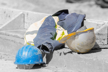 Protective helmets on a construction site.
