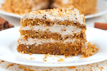 Piece of homemade tasty carrot sponge cake with pastry cream