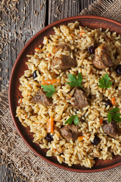 Arabic cuisine national rice food called pilaf with fried lamb