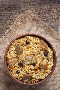 Spicy traditional arabic national rice food pilaf cooked with