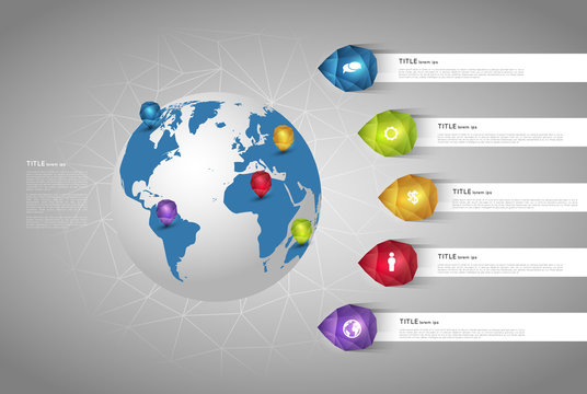 world map with abstract crystal pointers, infographic template