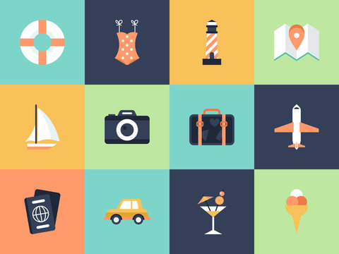 Flat modern icons for summer holiday vacation concept. Elements
