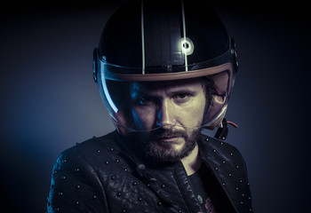 Energy, biker with motorcycle helmet and black leather jacket, m