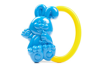 Blue rabbit shape baby rattle isolated on the white background