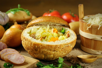 Cabbage soup in a loaf of bread